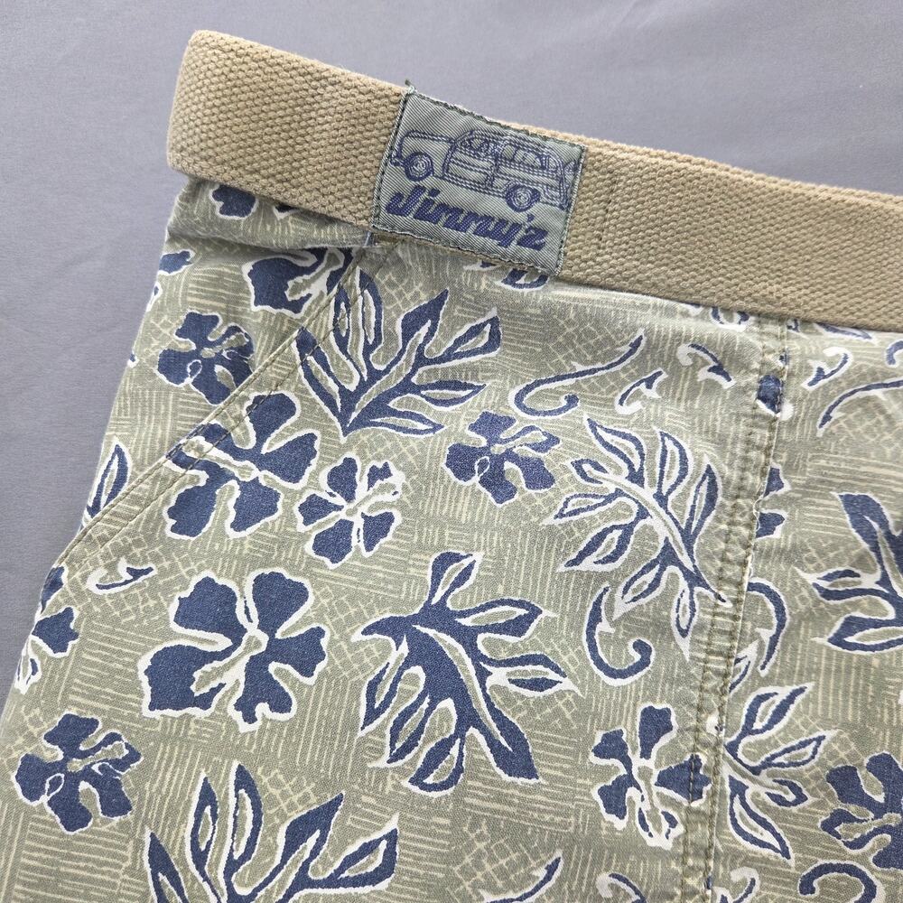 Vintage Jimmy'Z Mens Shorts 34 Flora Green Blue Tan Canvas Belted Surf Shorts